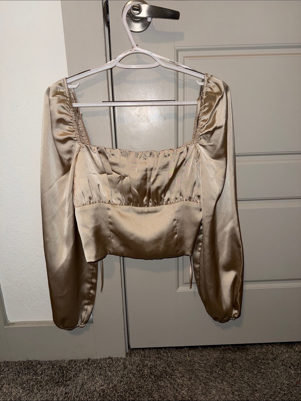 Satin Square-Neck Long Sleeve Crop Top in Champagne